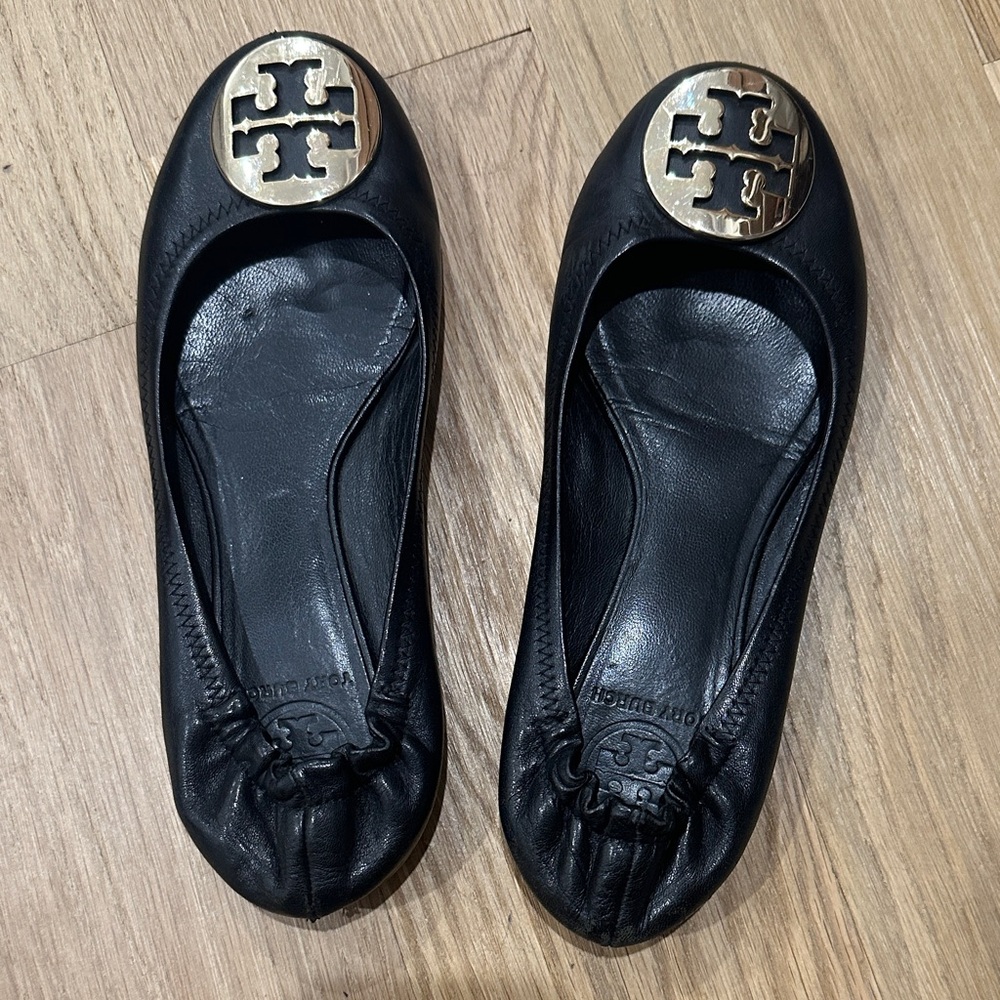 Tory Burch Black Flats with Gold Logo